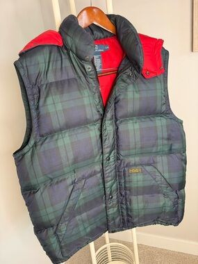 Ralph Lauren Blackwatch Plaid Puffer Vest with Red Lining